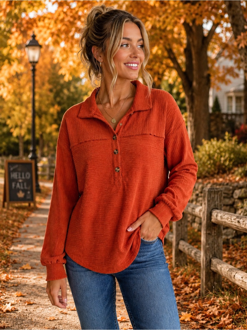NWT Ott Rust Ribbed Knit Henley Pullover Top | Size Small | Cozy Fall Essential